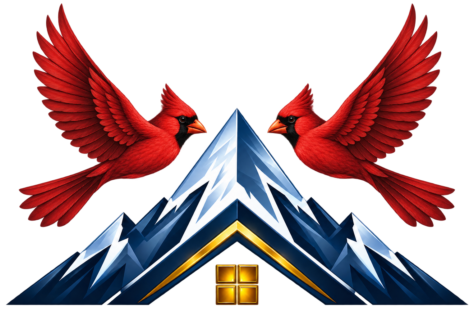Cardinal Summit brand artwork: two red cardinals above a mountain and roofline
